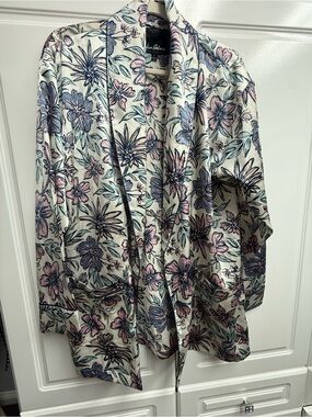 Sam Edelman Cream Floral Shawl-Collar Blazer with Pink & Blue Blooms